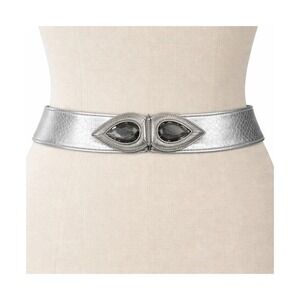 Sandy Duftler Vintage Silver Metallic Snakeskin‎ Leather Crystal Buckle Belt